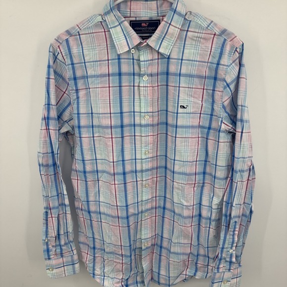 Vineyard Vines Whale Shirt Mens M Medium Blue Pink Plaid Button Down Slim Fit - Picture 2 of 8